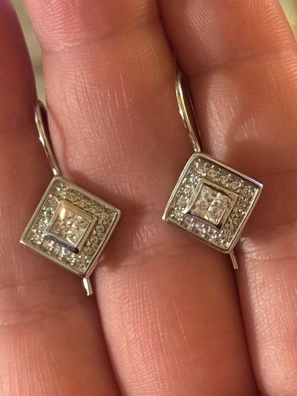Sterling Silver Square Halo Drop CZ Earrings